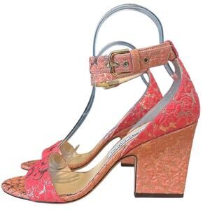 Jimmy Choo Edina Floral Pink Jacquard Ankle Strap High Heel Sandals EU 38.5
